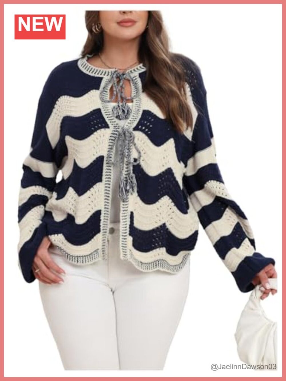 Plus Size Striped Crochet Tie Front Cardigan Sweater